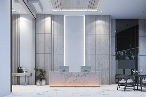 Reception waiting area lobby with wall decorate sales gallery on white marble floor and table with chair 3d rendering